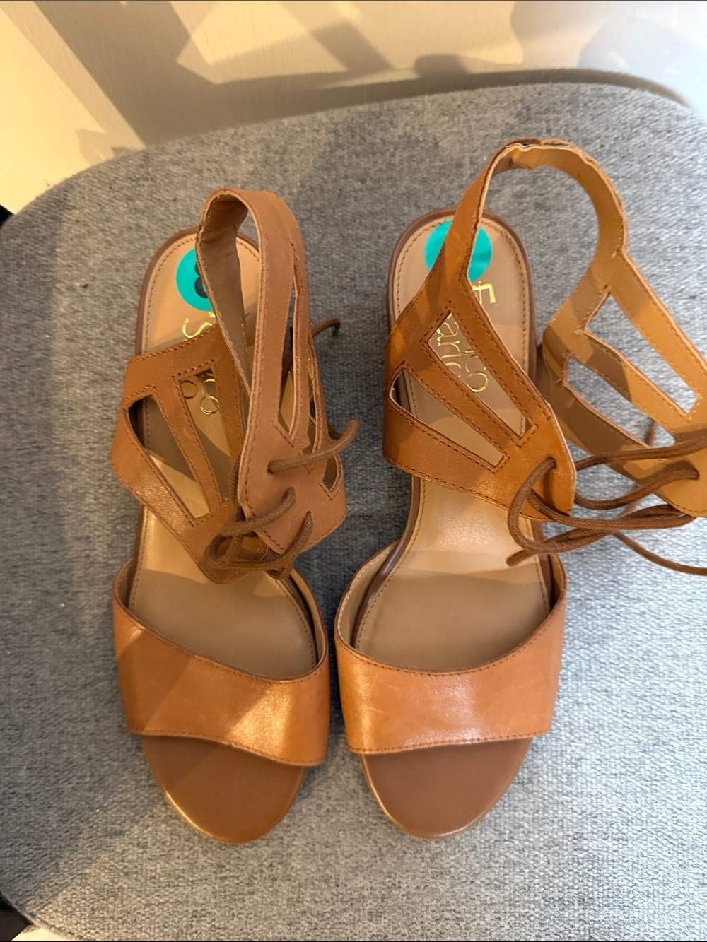 Franco Sarto Cognac Brown Leather Lace-Up Heeled Sandals